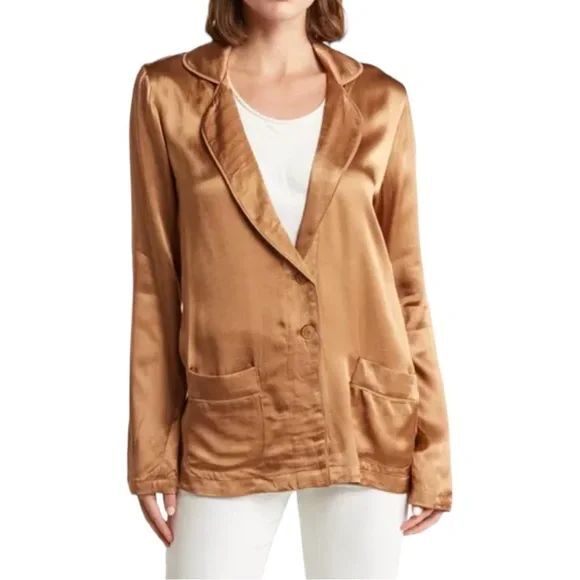ELIE TAHARI Satin Blazer M Walnut Brown Lightweight With Pockets Button B59 - Picture 1 of 6